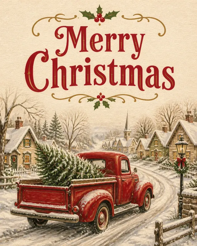 Vintage Red Truck Christmas Card Illustration