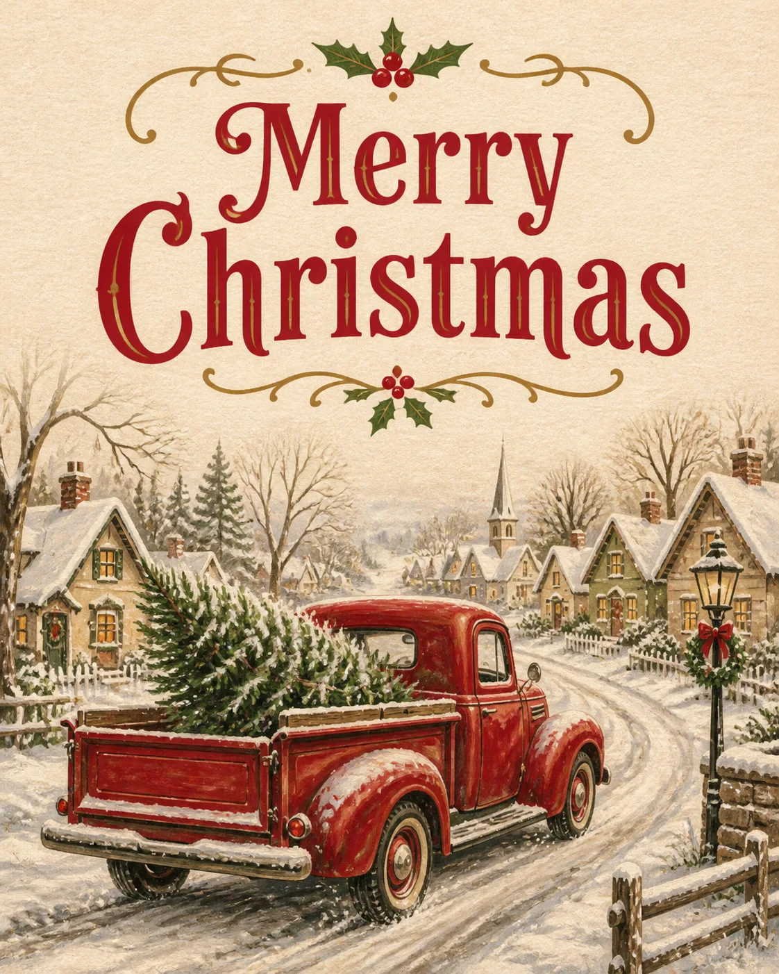 Vintage Red Truck Christmas Card Illustration