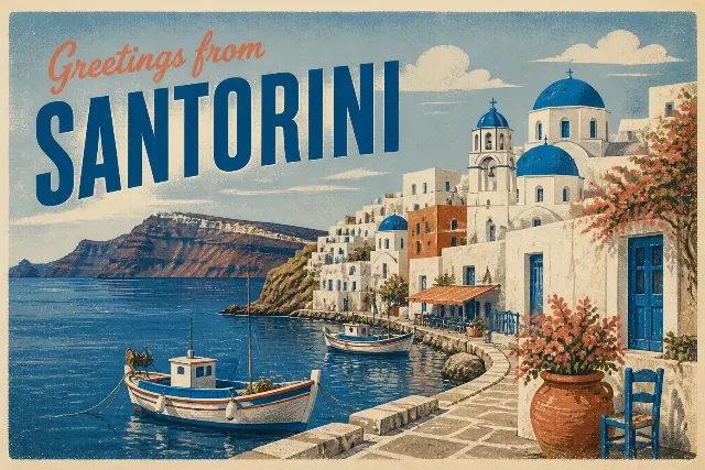 Vintage Santorini Harbor Travel Postcard