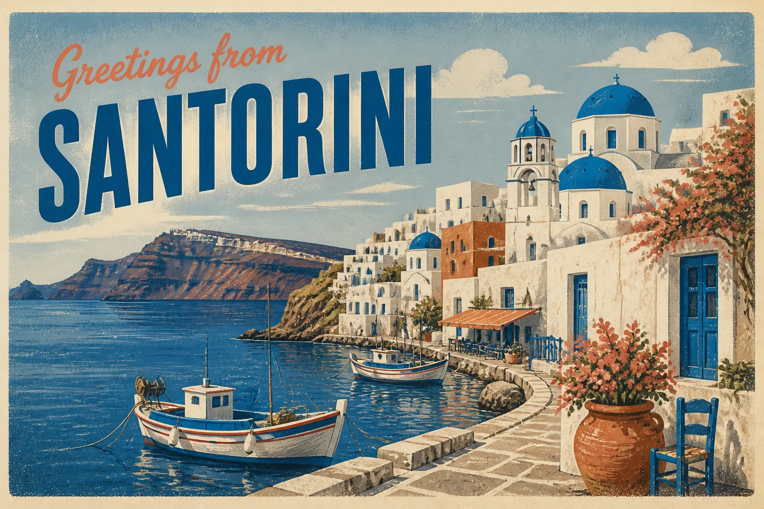 Vintage Santorini Harbor Travel Postcard