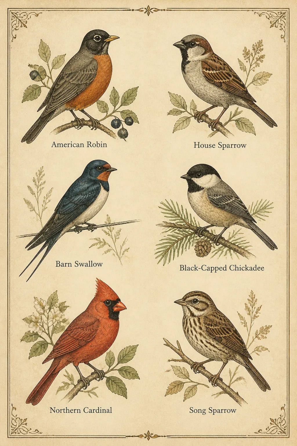 Vintage Songbird Engraving Guide Poster