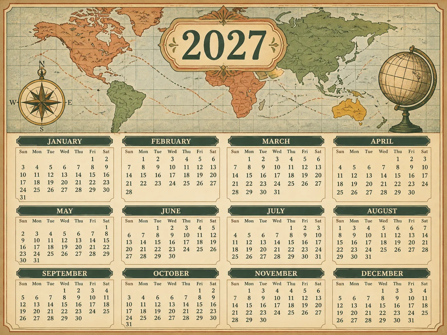 Vintage World Map Travel Calendar