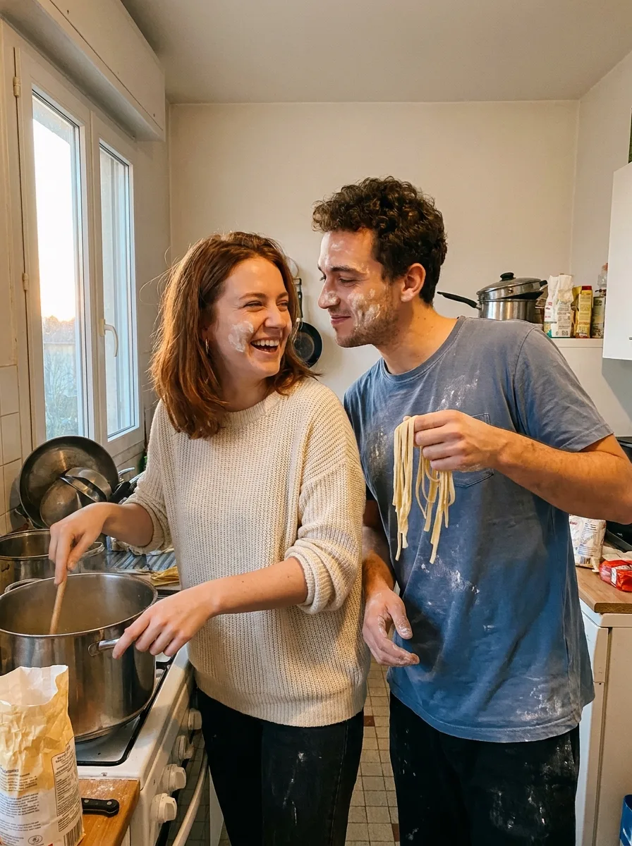 Warm Kitchen Pasta Cooking Couple Photo