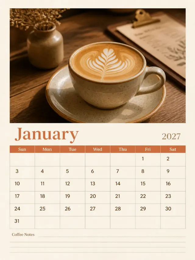 Warm Latte Art Calendar Page