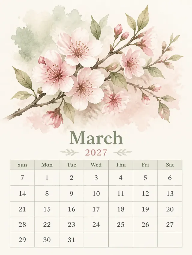 Watercolor Botanical March Calendar Page