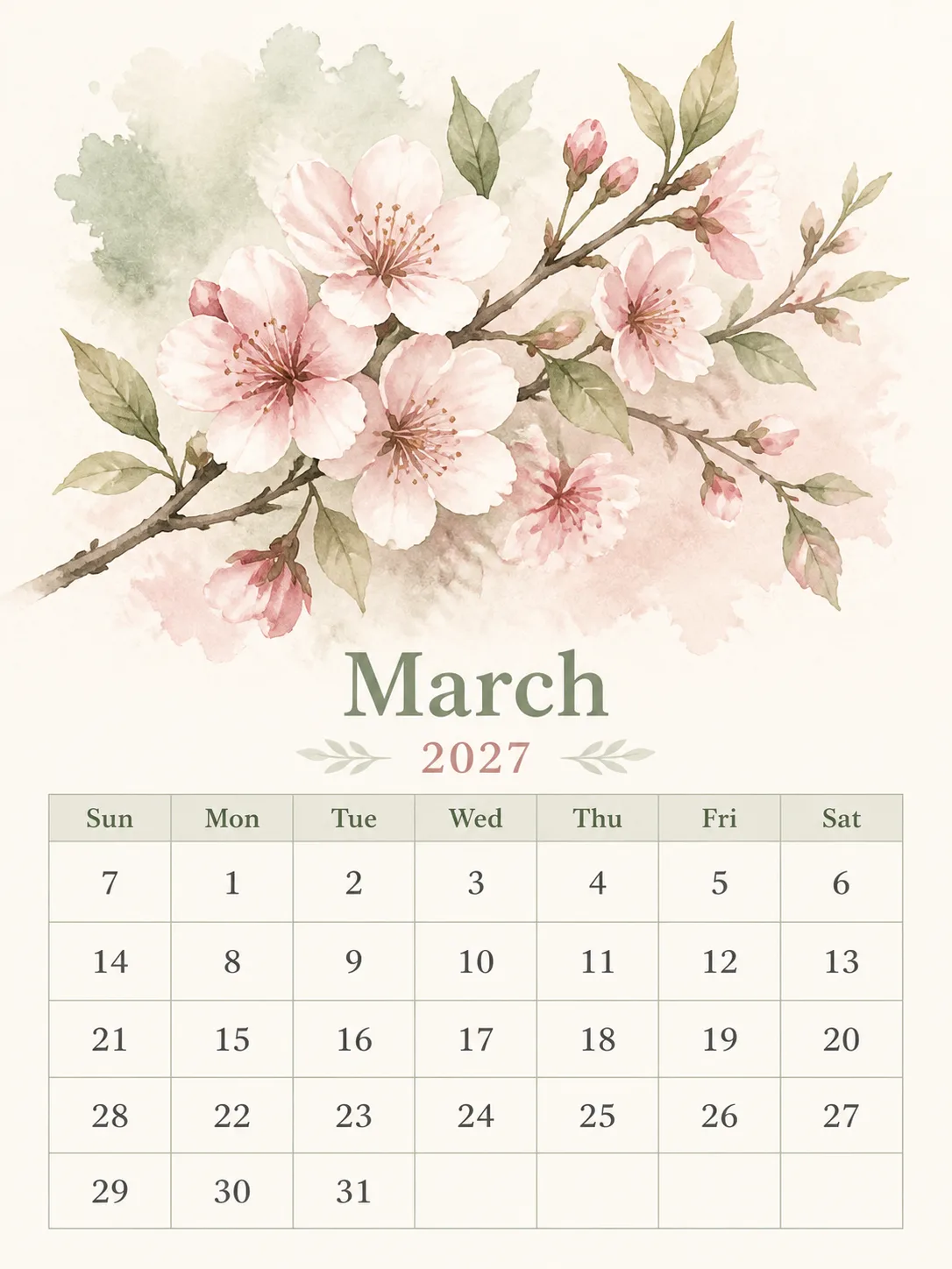 Watercolor Botanical March Calendar Page