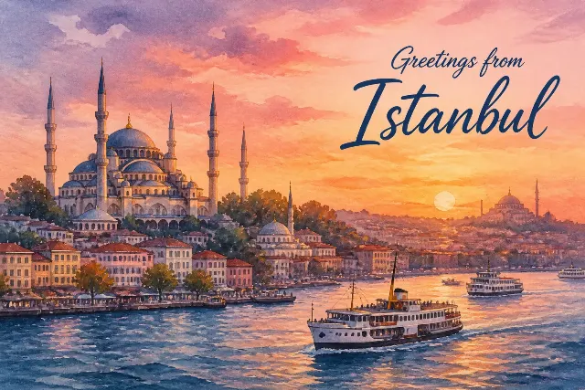 Watercolor Istanbul Sunset Postcard