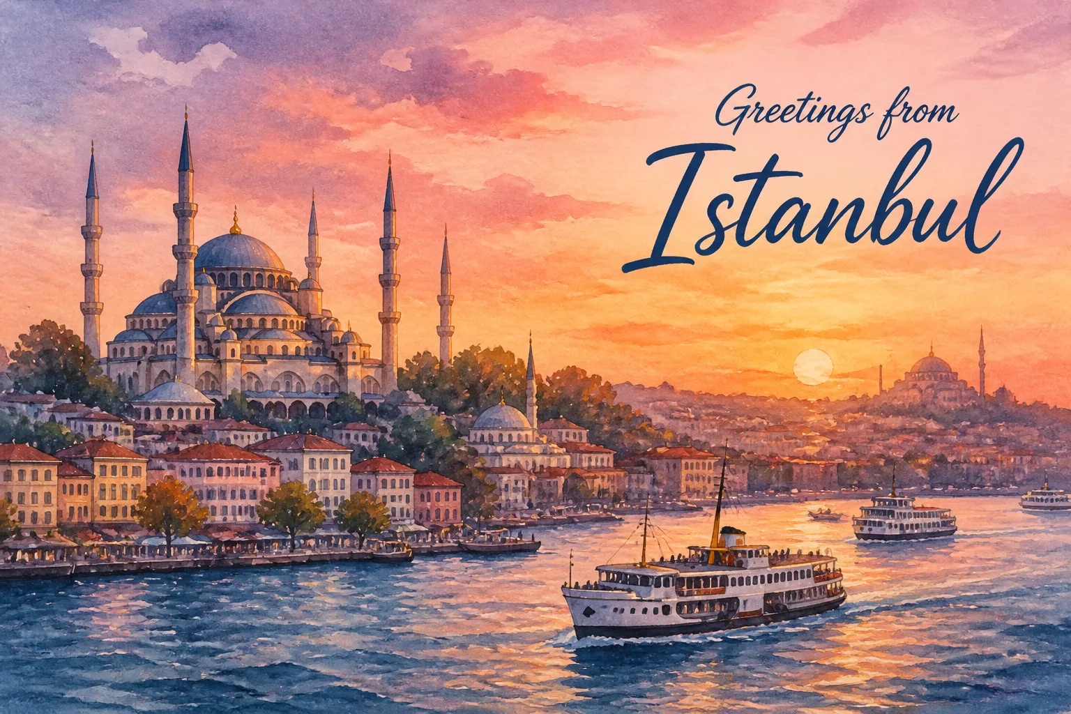 Watercolor Istanbul Sunset Postcard