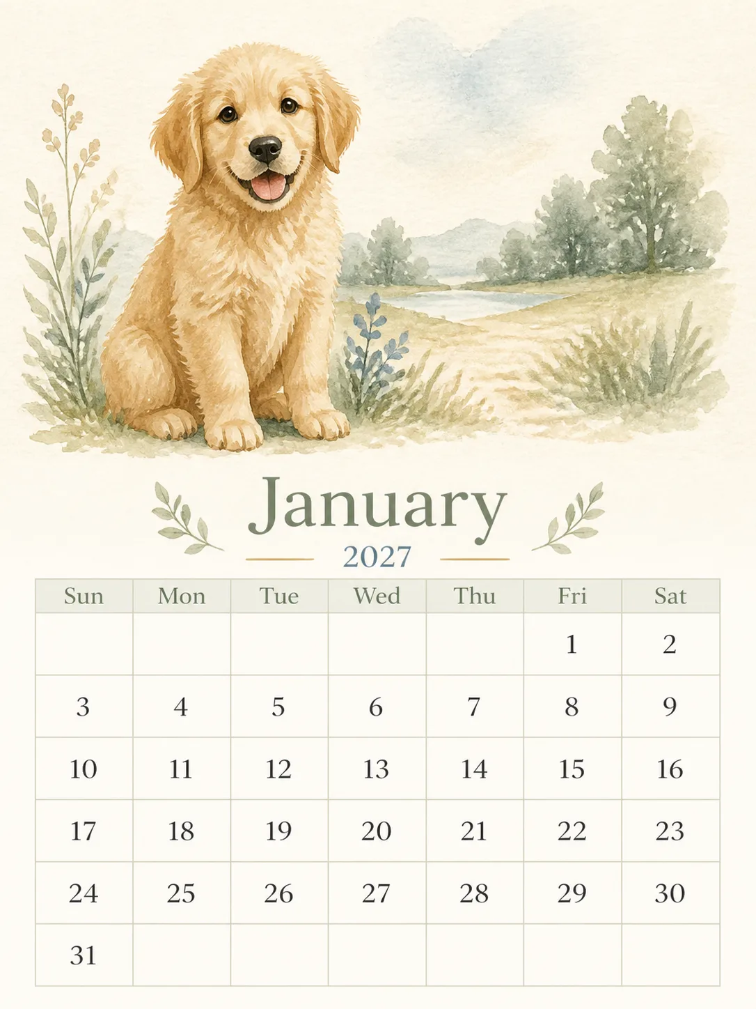 Watercolor Puppy 2027 Calendar Page