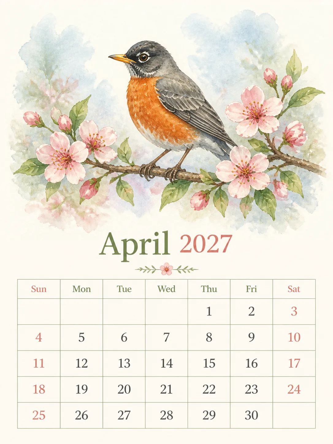 Watercolor Robin April 2027 Calendar Page