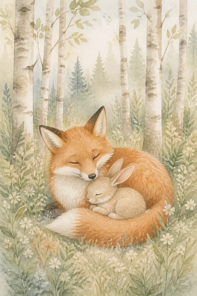 Woodland Fox And Bunny Watercolor Print